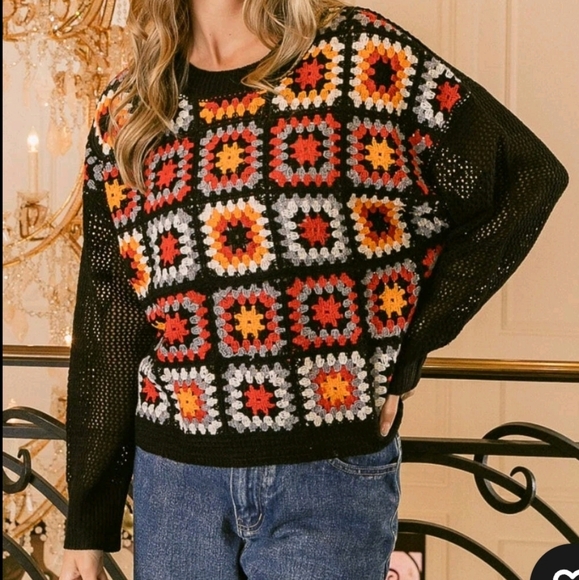 BiBi Sweaters - 🏷️BiBi Crochet Patchwork Top Granny Square Open Knit Pullover Long Sleeve LG